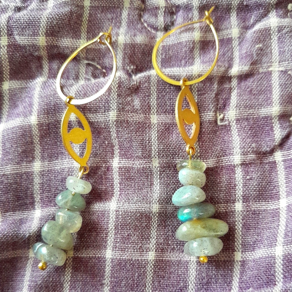 Labradorite Stack Evil Eye Hoops - Picture 1 of 1